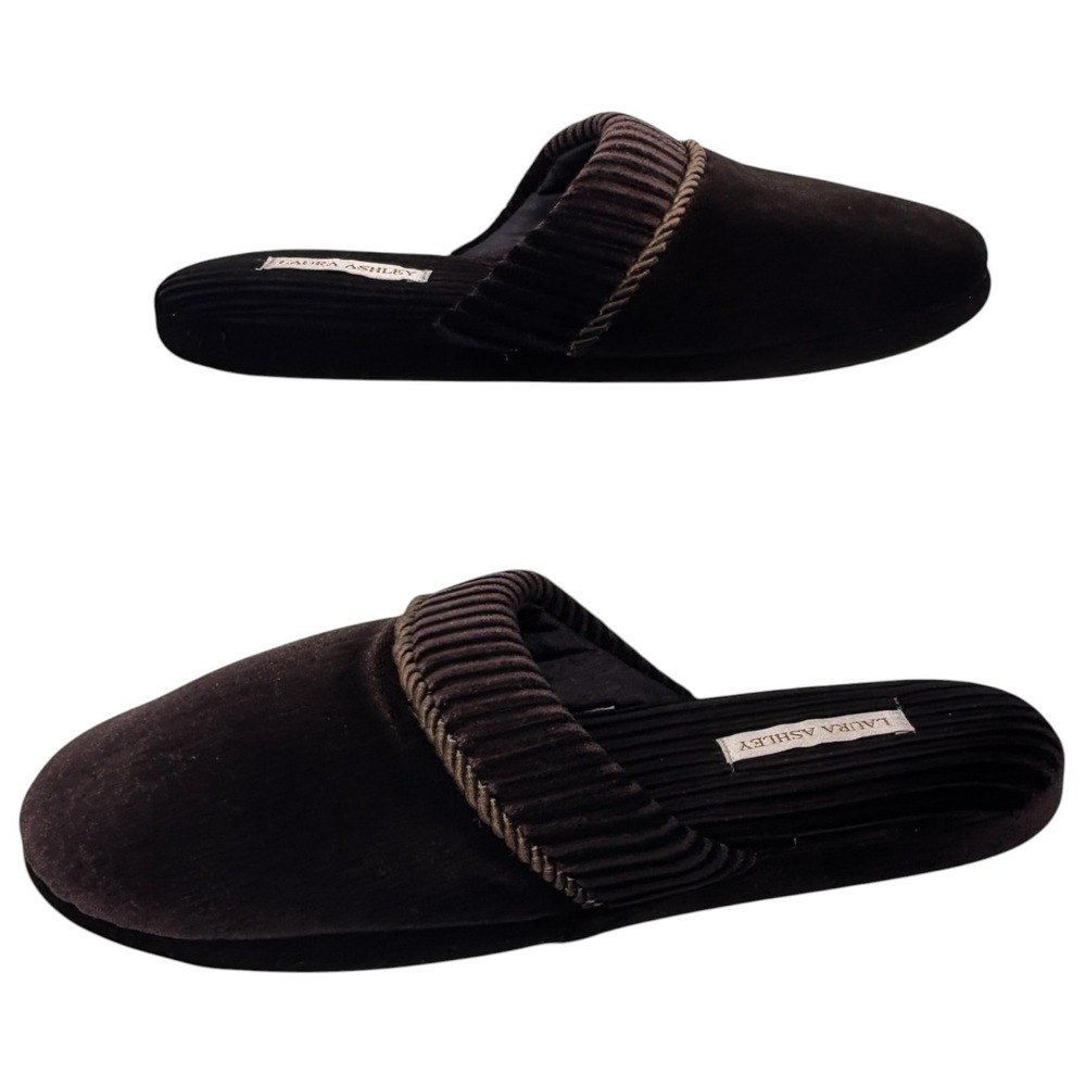 Laura Ashley Womens XL 9.5-10.5 Espresso Velvet Mule Slippers Corduroy Trim
